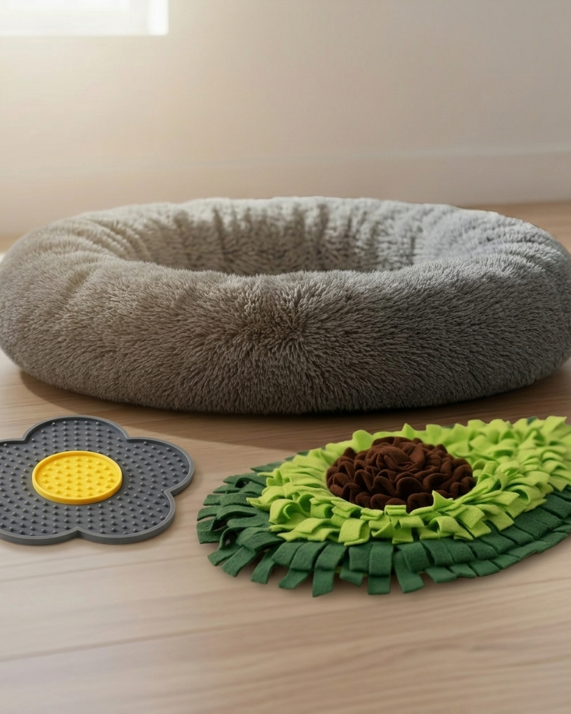 Gray pet bed with two additional mats on a wooden floor.